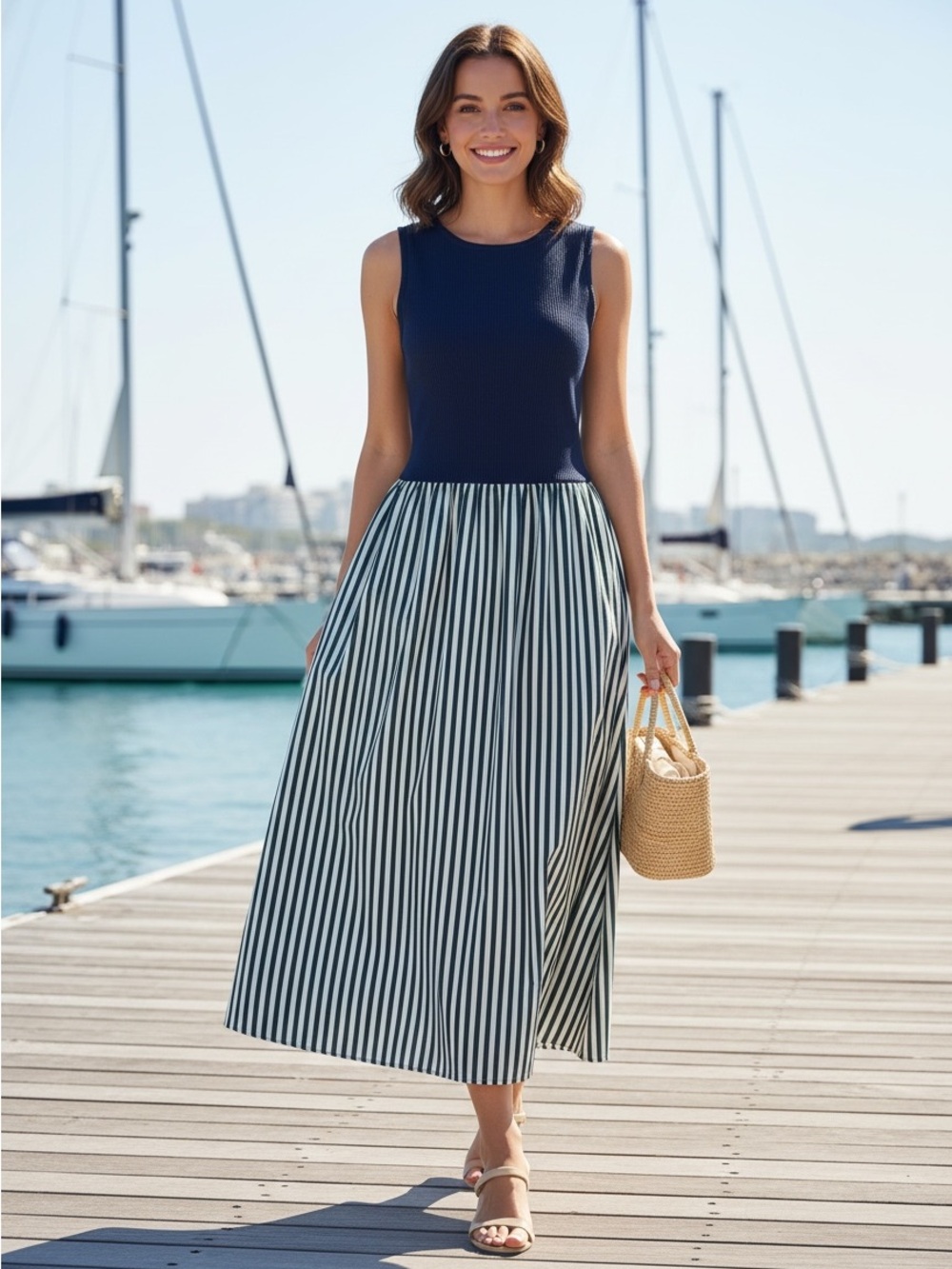 Harlow & Rose Colorblock Midi Dress Navy Stripe Ribbed Bodice L